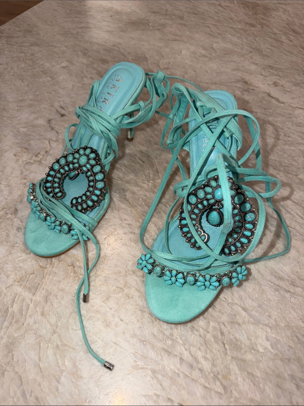 Aldo Turquoise Beaded Lace-Up Heels
